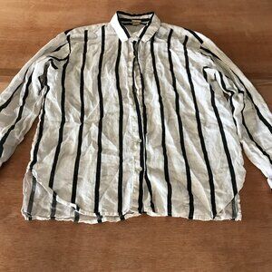 Magaschoni 100% Linen Top Women M Black Striped Button Up Long Sleeve Collared